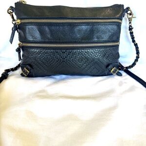 Elliott Lucca Messina Black Leather Crossbody Bag Dual Zip Woven Front
